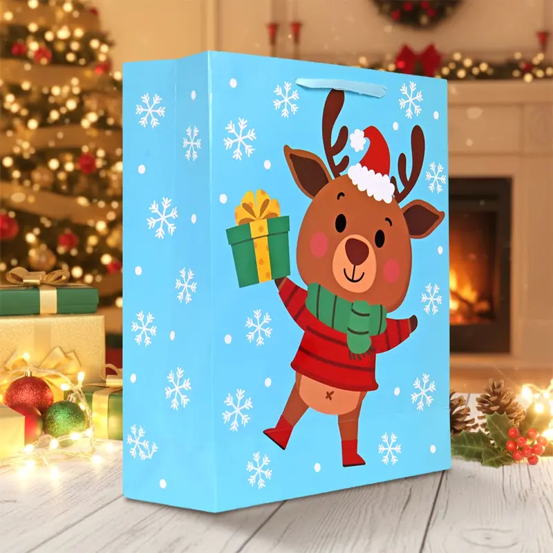 Bolsa De Regalo Navideña, Diseño Reno, Color Azul 1