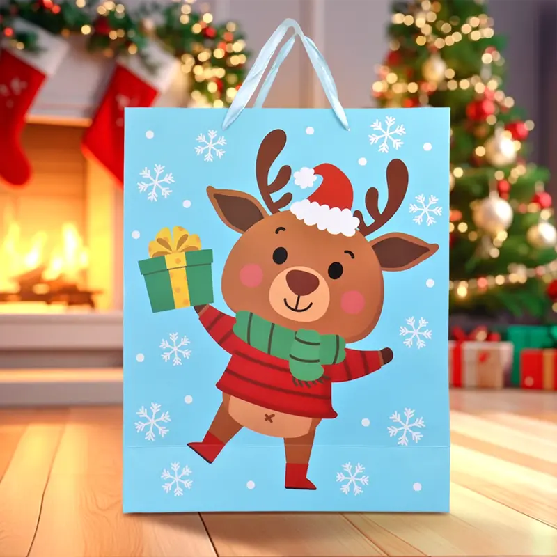 Bolsa De Regalo Navideña, Diseño Reno, Color Azul 2