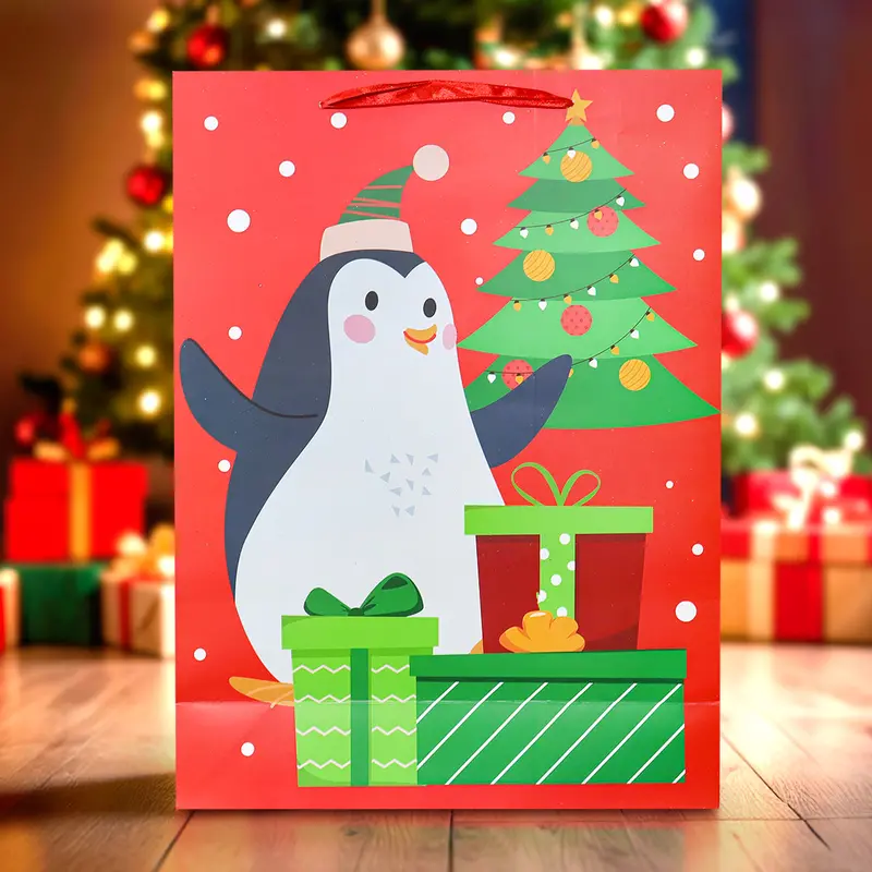 Bolsa De Regalo Navideña Grande, Diseño Pingüino, Color Rojo 1