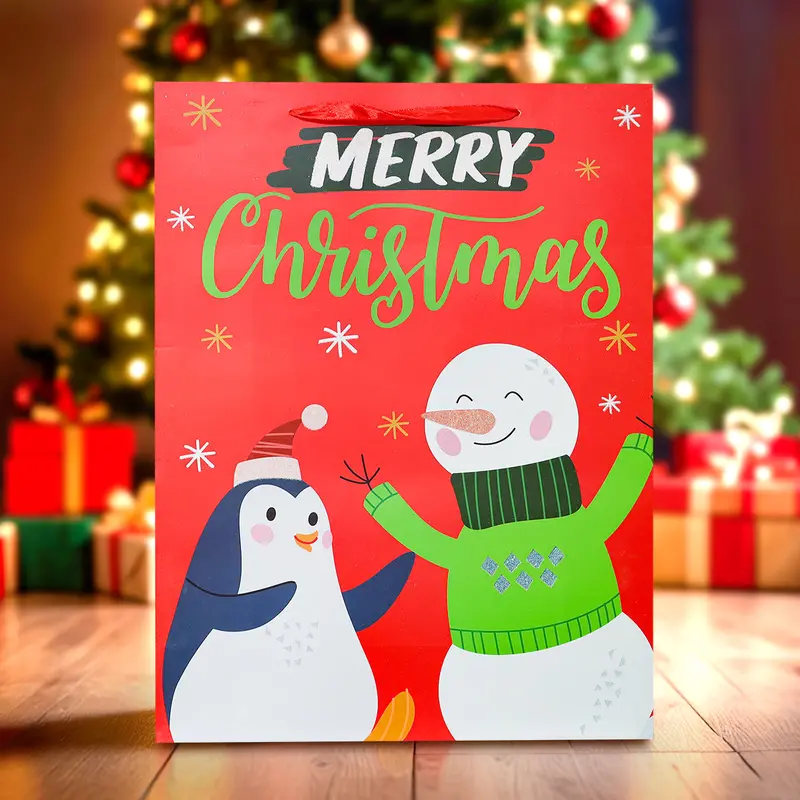 Bolsa De Regalo Navideña Grande, Diseño Snowman, Color Rojo 1