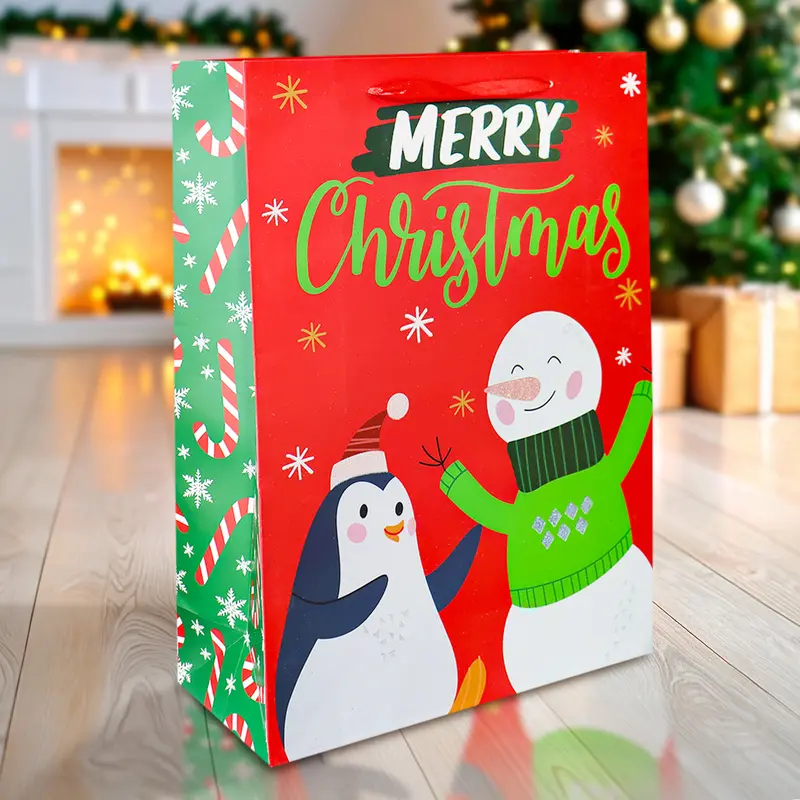 Bolsa De Regalo Navideña Grande, Diseño Snowman, Color Rojo 2