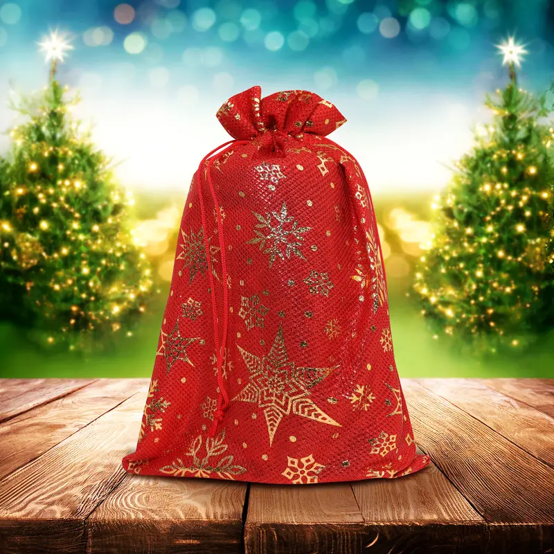 Bolsa De Tela Color Rojo Con Temática De Navidad 1