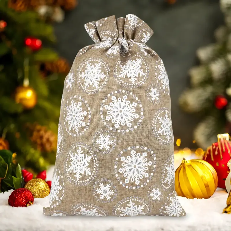 Bolsa De Yute Navideña, Diseño Copos De Nieve 1