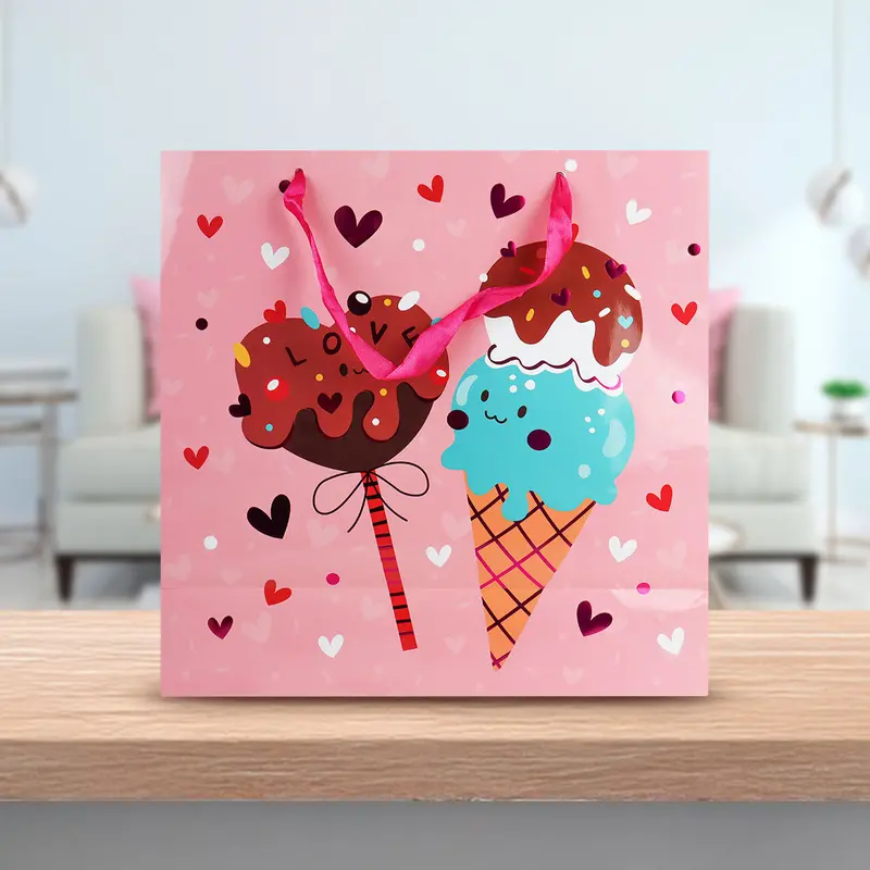 Bolsa Para Regalo Helado Con Corazones, Color Rosa 1