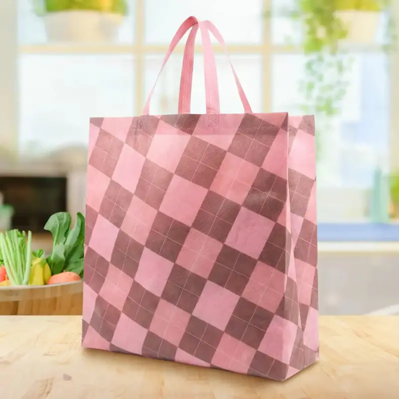 Bolsa Reutilizable Plegable, Diseño Cuadros, Color Rosa 1