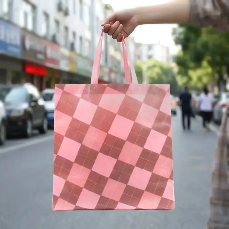 Bolsa Reutilizable Plegable, Diseño Cuadros, Color Rosa 2