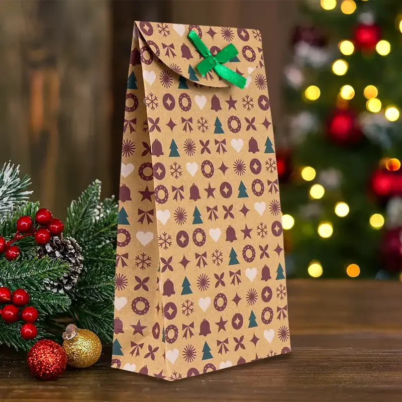 Bolsas Con Diseño Navideño, Papel Kraft, Diseño Pino 1