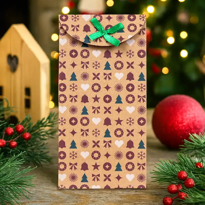 Bolsas Con Diseño Navideño, Papel Kraft, Diseño Pino 2