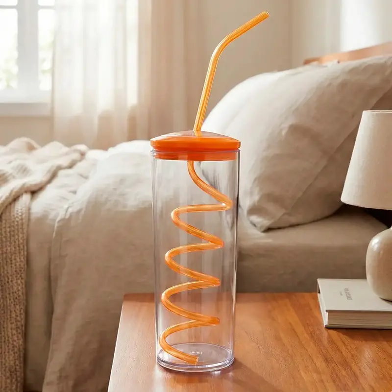 Botella De Agua Con Popote, Color Naranja, 320 Ml 1
