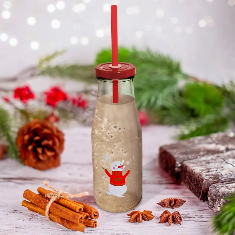 Botella De Vidrio Con Tapa Y Popote, Muñeco De Nieve 1