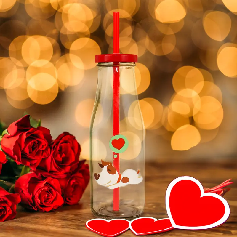 Botella De Vidrio Decorada Para San Valentín, Diseño Perrito 2