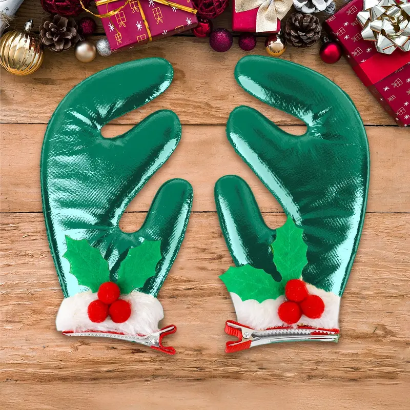 Broches De Cabello Navideños, Cuernos Reno, Color Verde 2