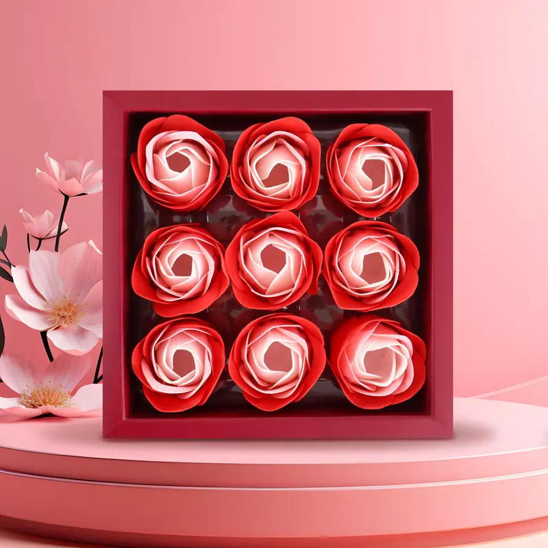 Caja Con Flores De Jabón En Forma De Rosa, Color Rojo, 9 Pzas 1