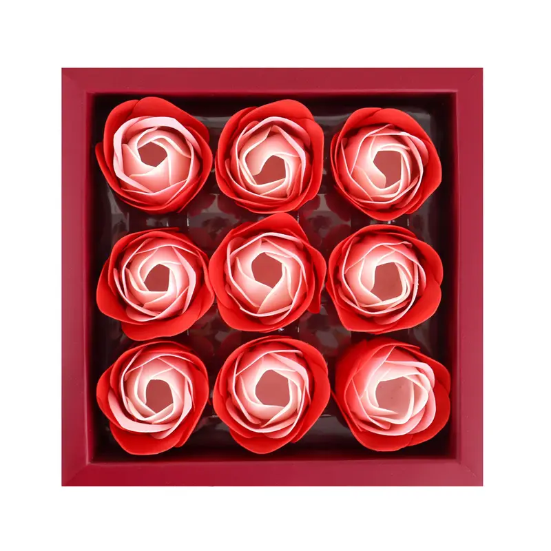 Caja Con Flores De Jabón En Forma De Rosa, Color Rojo, 9 Pzas 2