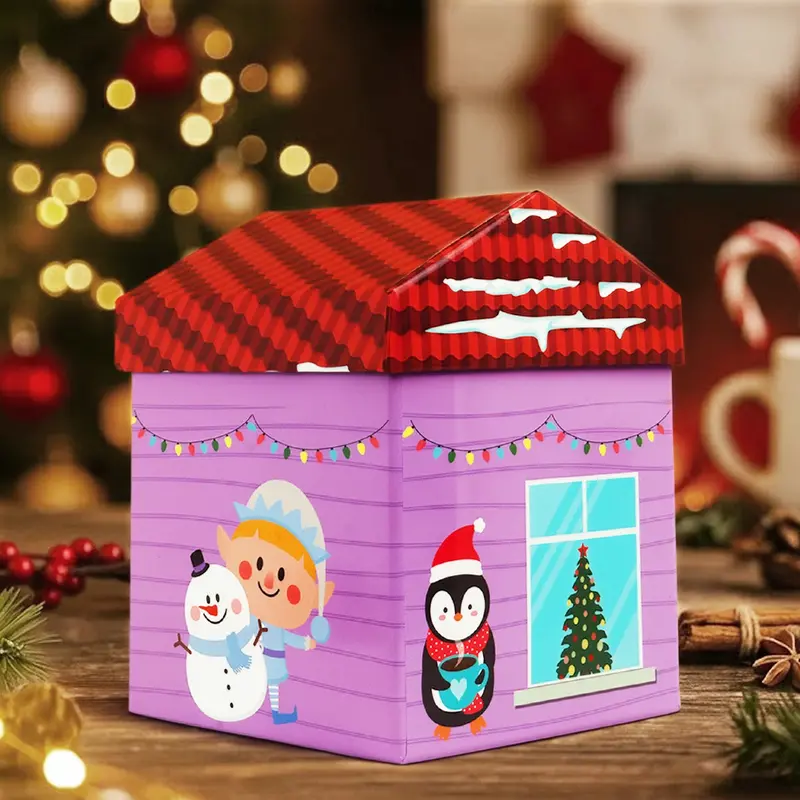 Caja Navideña En Forma De Casa, Color Morado 1