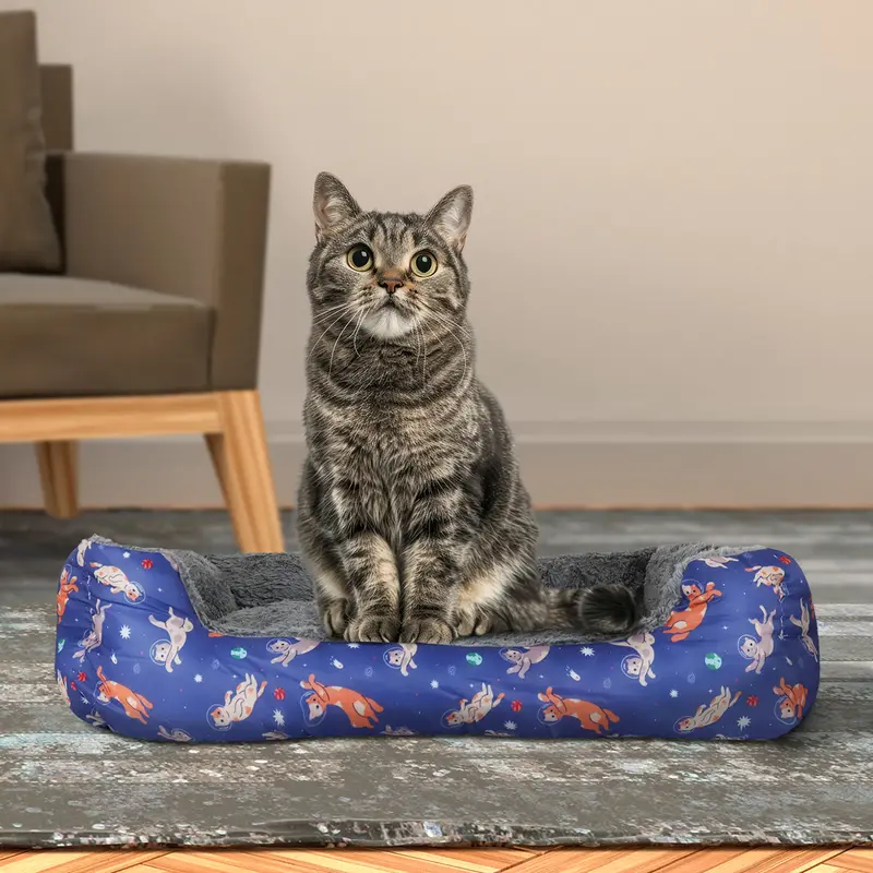 Cama Color Azul Con Diseño De Gatitos Para Mascota 1