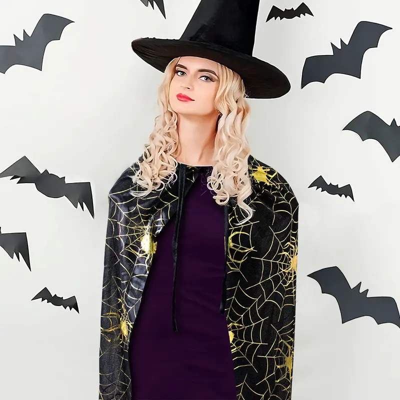 Capa Color Negro Con Telarañas Doradas Para Disfraz De Halloween 1