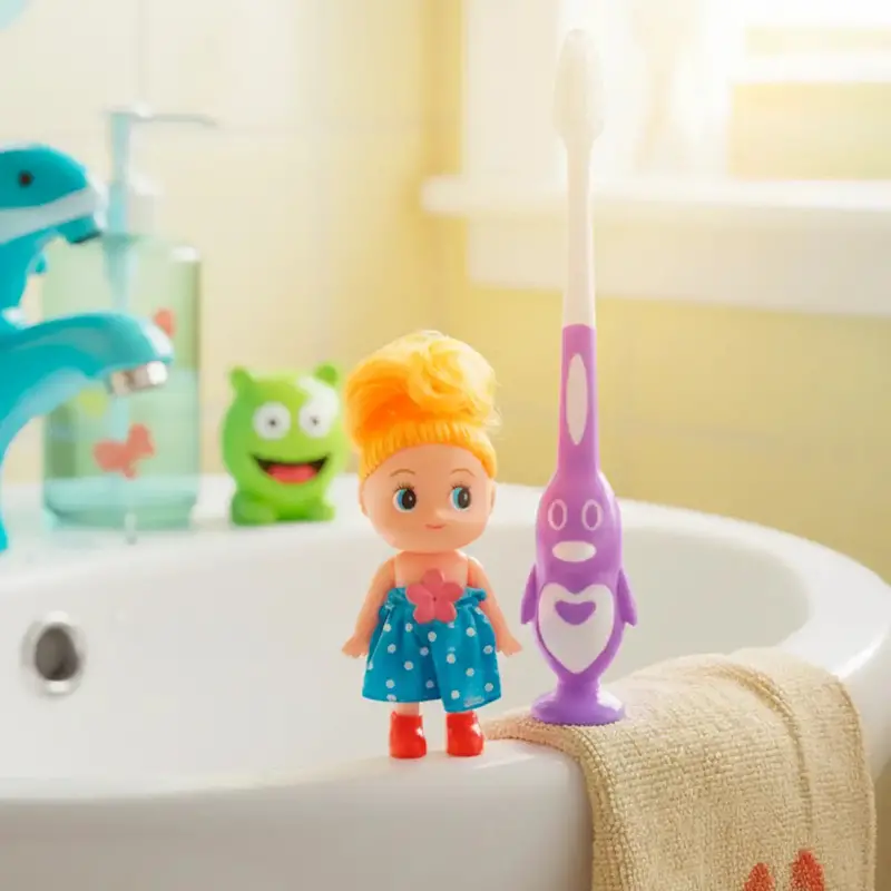 Cepillo Dental, Diseño Pingüino Con Muñeca De Juguete, Cool Dent, Color Morado 1