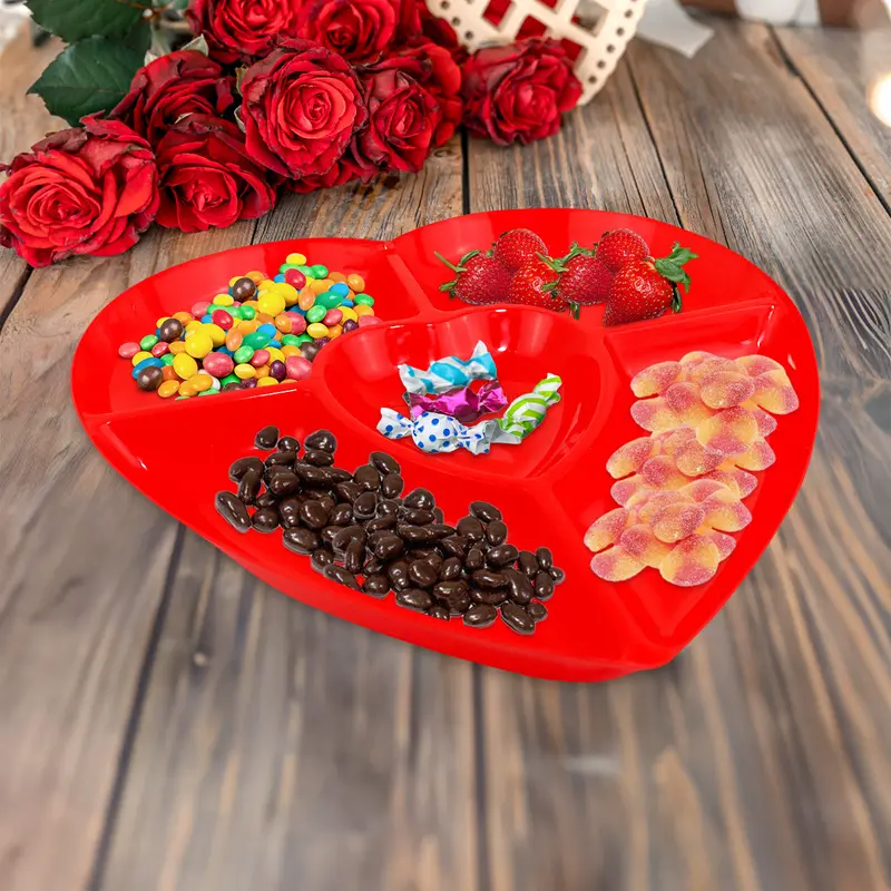 Charola De Plástico Con Divisiones En Forma De Corazón, Color Rojo, 35X25cm 2