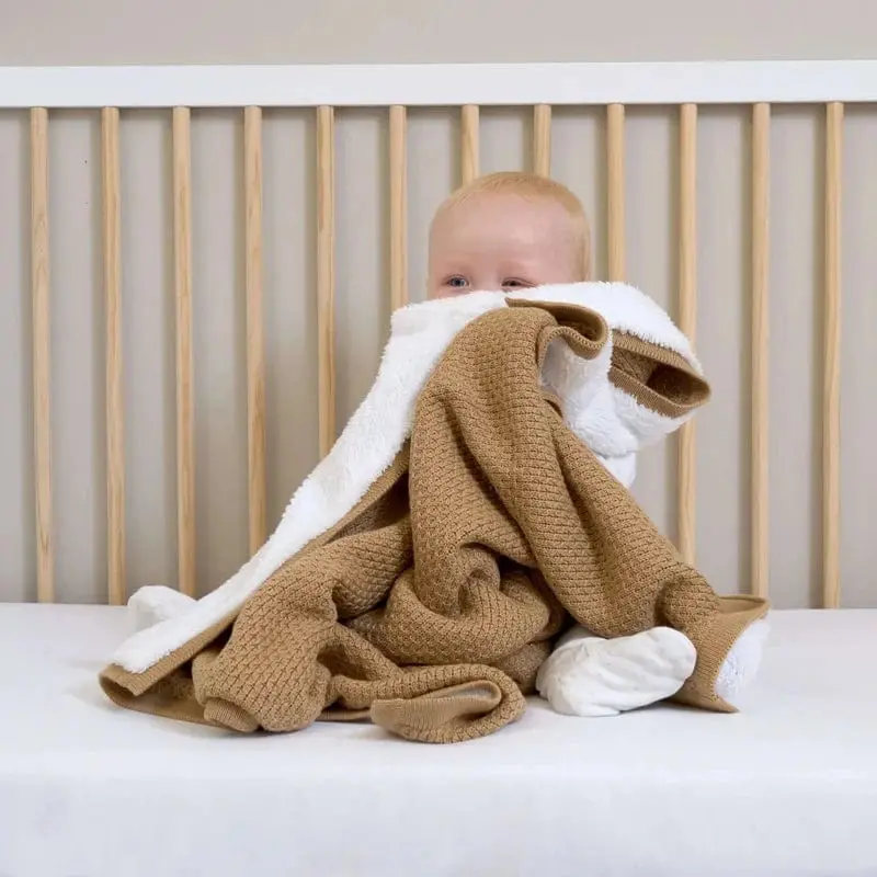 Clair De Lune Organic Sherpa Knit Blanket In Biscuit 1