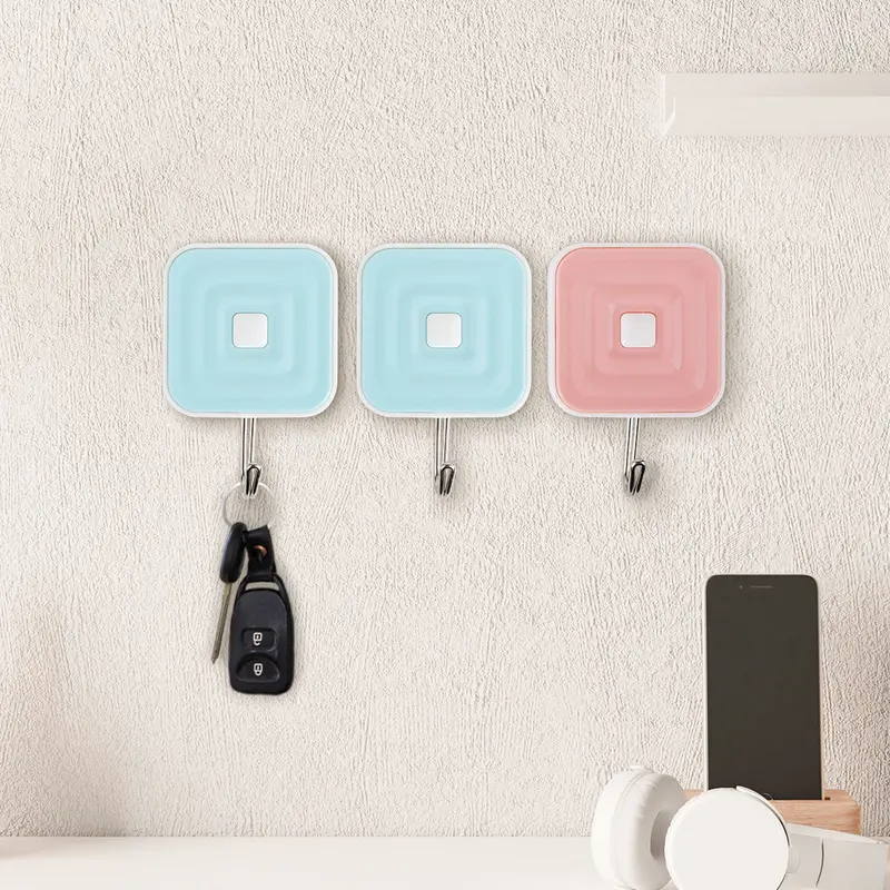 Colgadores Metálicos Cuadrados Autoadhesivos, Color Azul Y Rosa, 3 Pzas 1