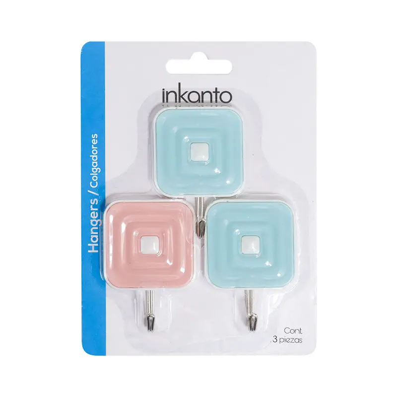 Colgadores Metálicos Cuadrados Autoadhesivos, Color Azul Y Rosa, 3 Pzas 2