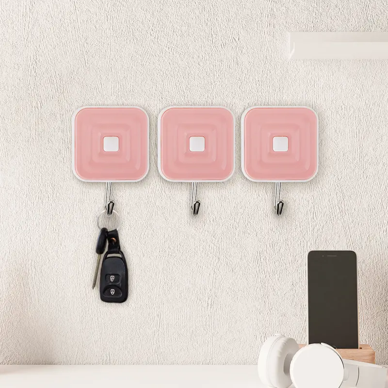 Colgadores Metálicos Cuadrados Autoadhesivos, Color Rosa, 3 Pzas 1