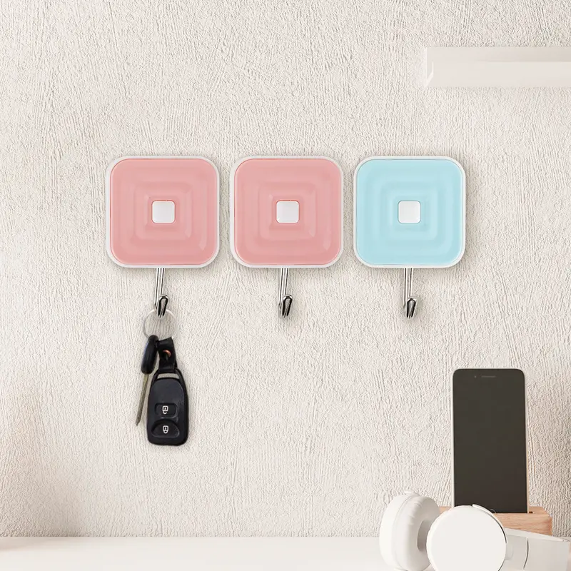 Colgadores Metálicos Cuadrados Autoadhesivos, Color Rosa Y Azul, 3 Pzas 1