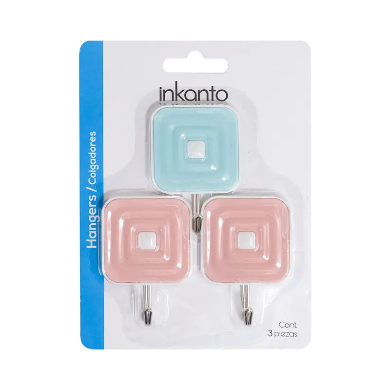 Colgadores Metálicos Cuadrados Autoadhesivos, Color Rosa Y Azul, 3 Pzas 2