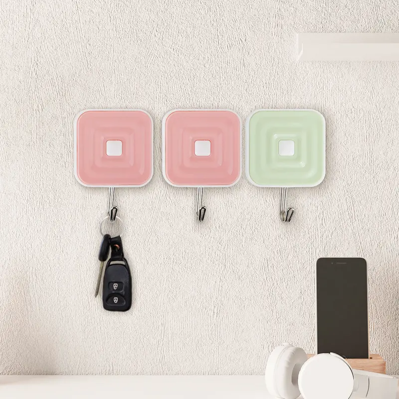 Colgadores Metálicos Cuadrados Autoadhesivos, Color Rosa Y Verde, 3 Pzas 1