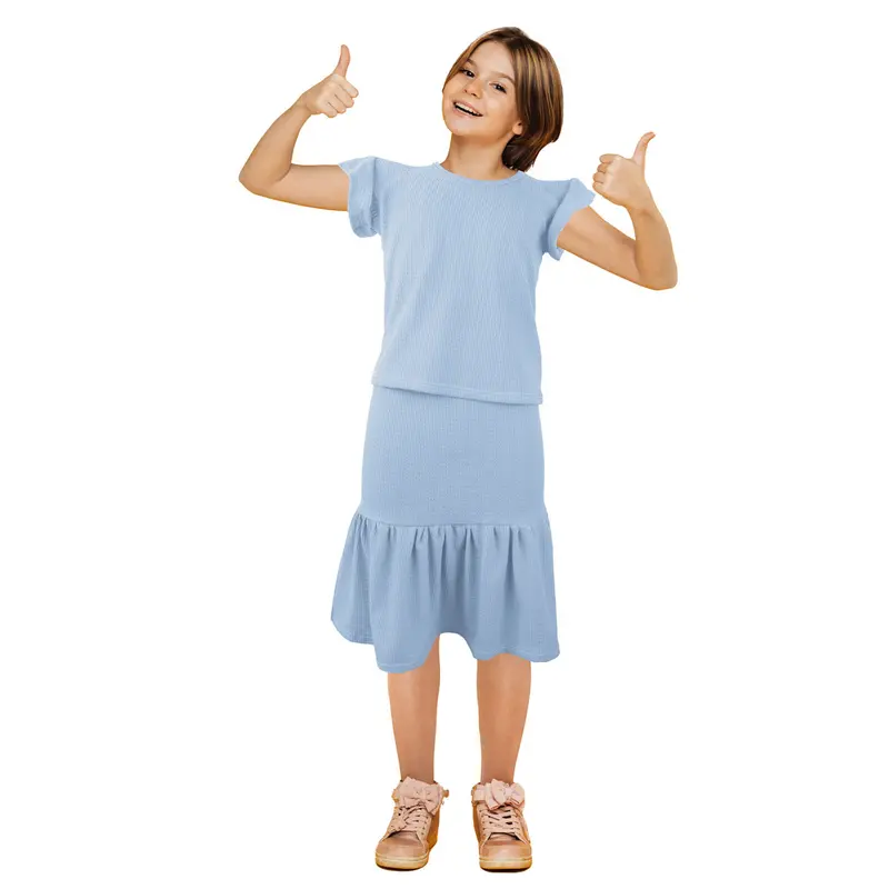 Conjunto De Blusa Con Falda Para Niña, Color Azul 2
