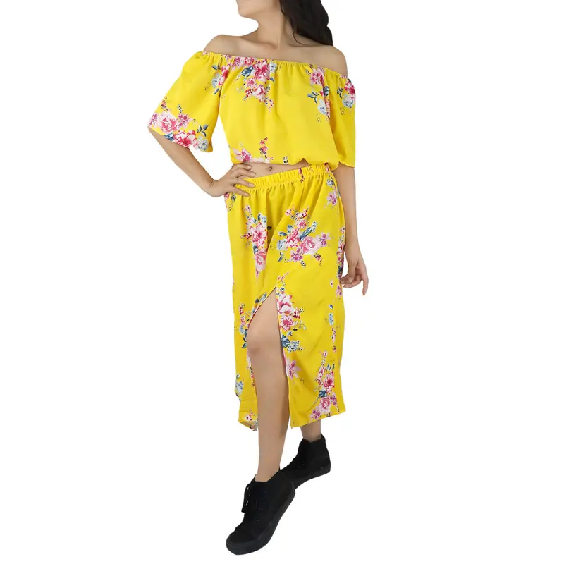 Conjunto De Blusa Tipo Campesina Y Falda Para Dama, Color Amarillo 1