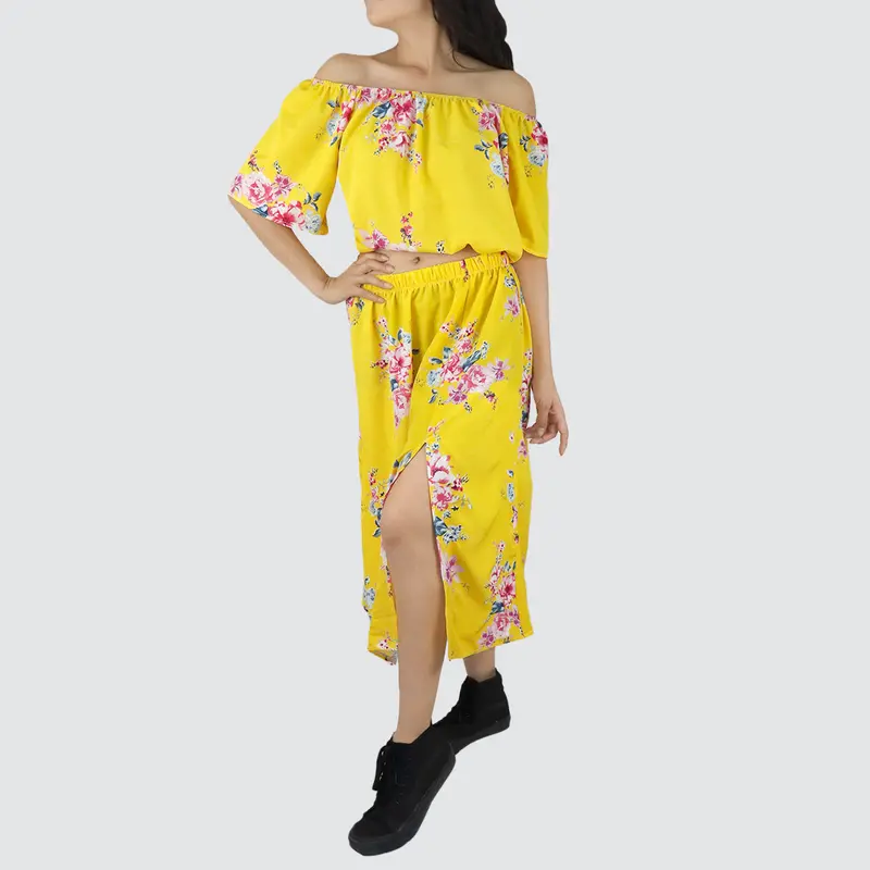 Conjunto De Blusa Tipo Campesina Y Falda Para Dama, Color Amarillo 2
