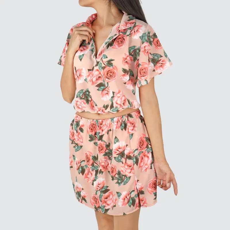 Conjunto De Blusa Y Short Falda Para Dama, Color Coral 1