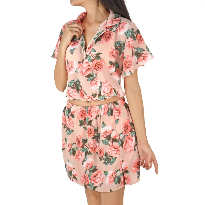 Conjunto De Blusa Y Short Falda Para Dama, Color Coral 2