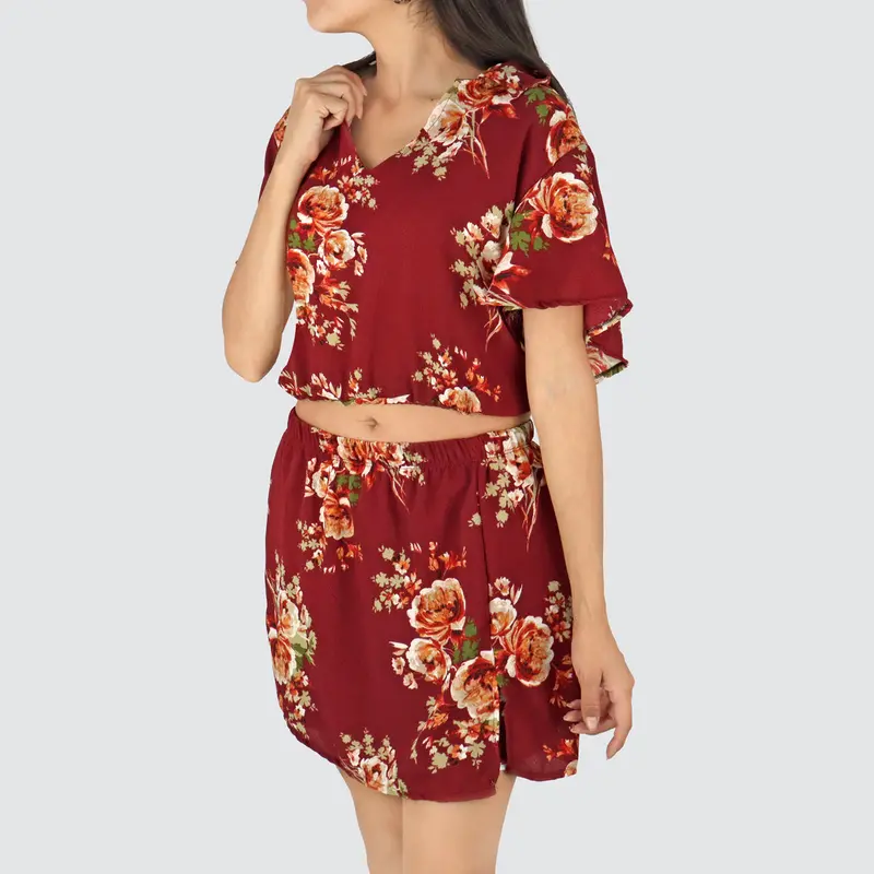 Conjunto De Blusa Y Short Falda Para Dama, Color Vino 1