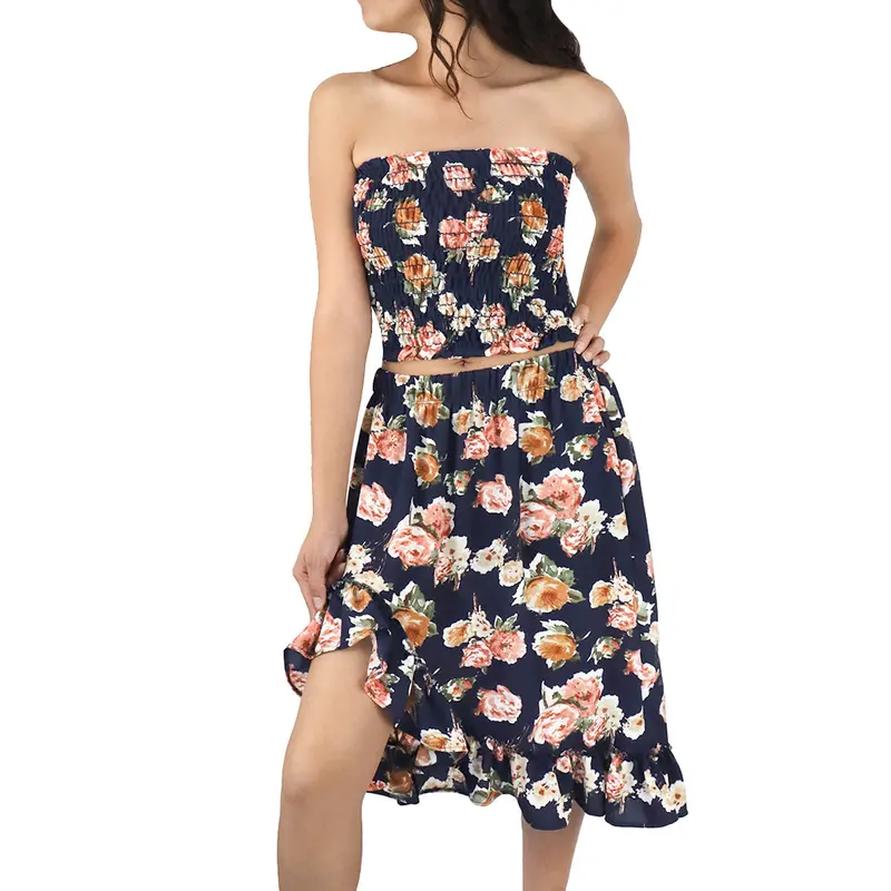 Conjunto De Top Corto Fruncido Y Falda Para Dama, Color Azul Marino Con Café 1