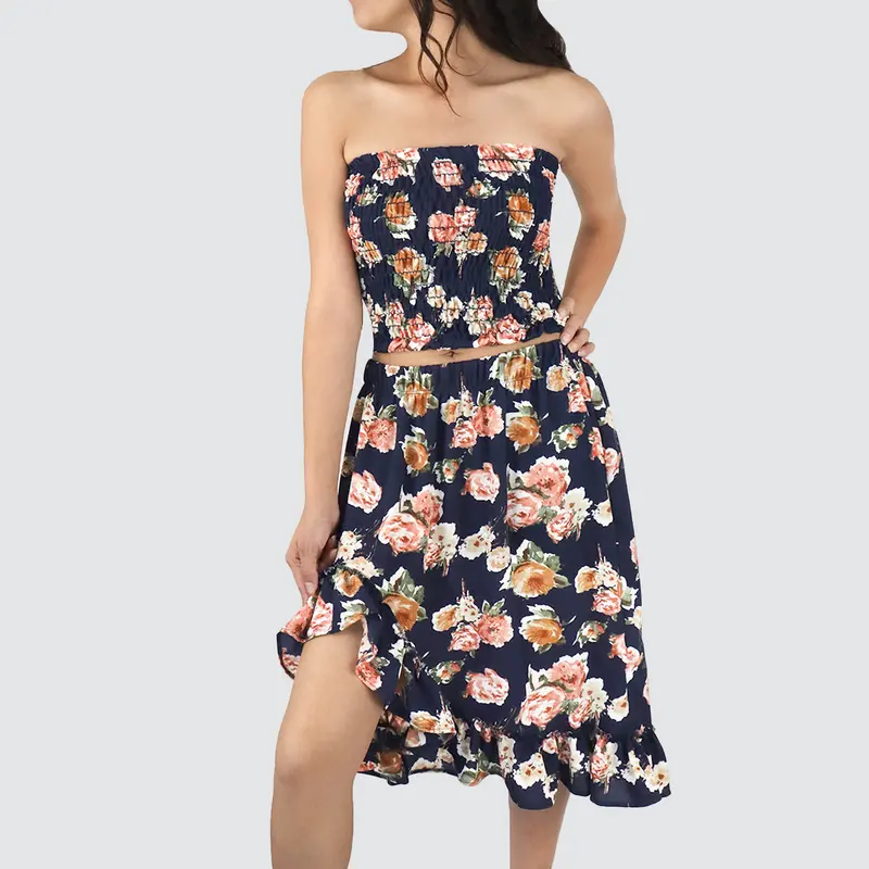 Conjunto De Top Corto Fruncido Y Falda Para Dama, Color Azul Marino Con Café 2