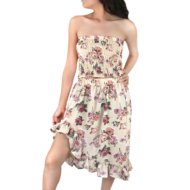 Conjunto De Top Corto Fruncido Y Falda Para Dama, Color Crema Con Lila 1
