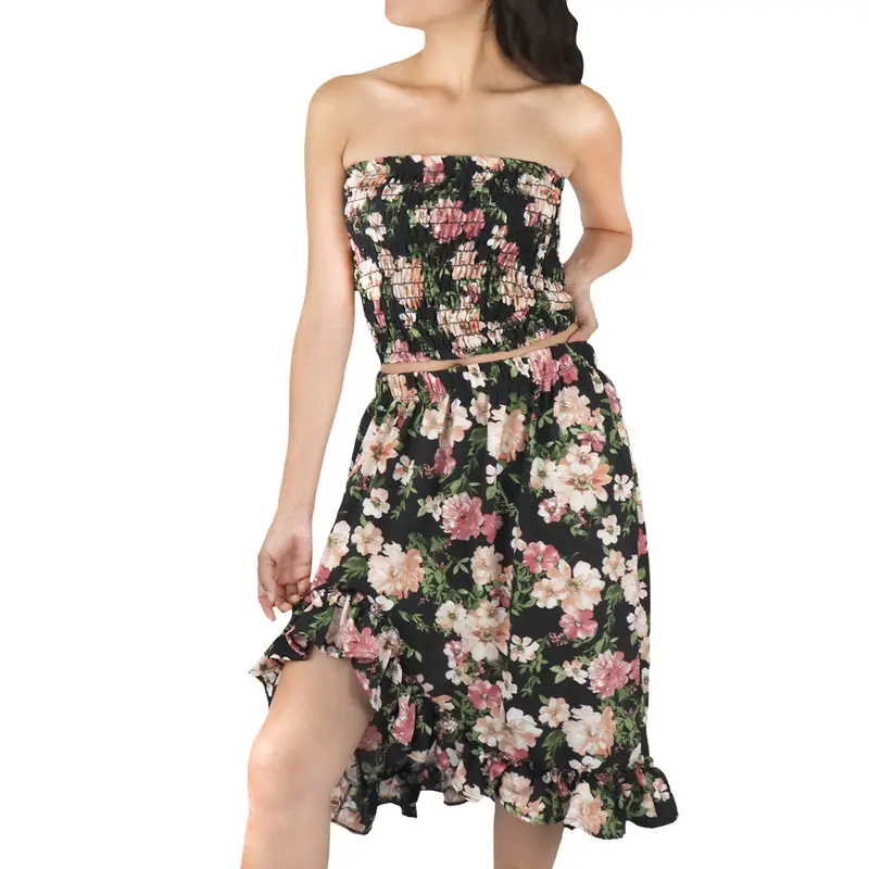 Conjunto De Top Corto Fruncido Y Falda Para Dama, Color Negro Con Verde 1