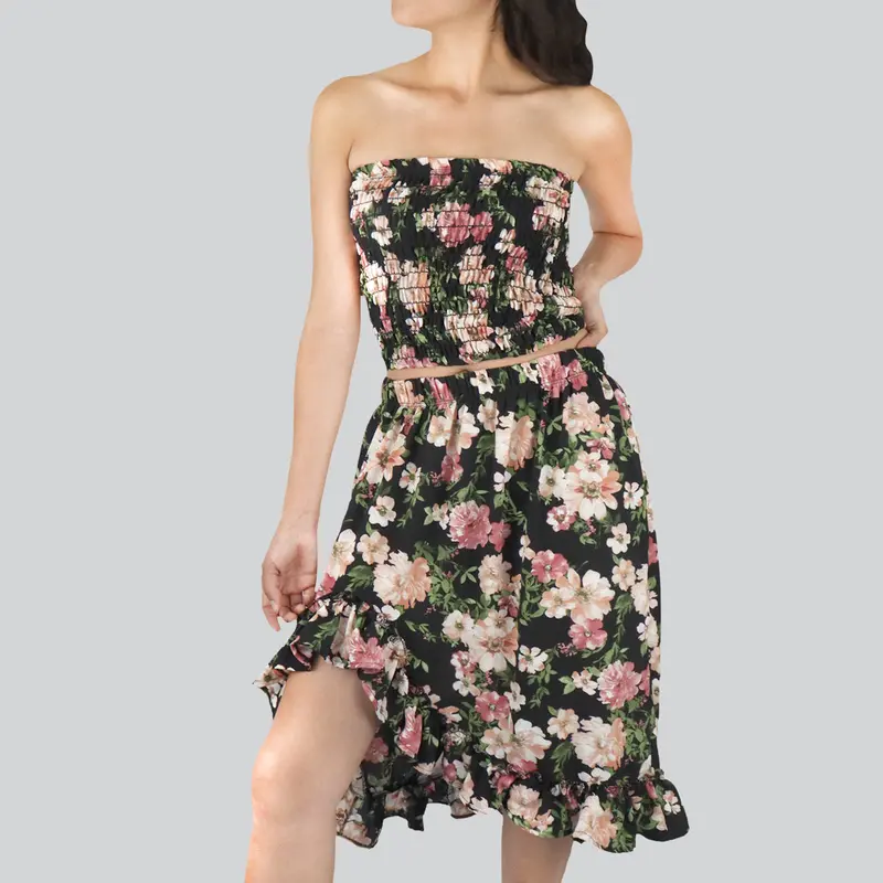 Conjunto De Top Corto Fruncido Y Falda Para Dama, Color Negro Con Verde 2