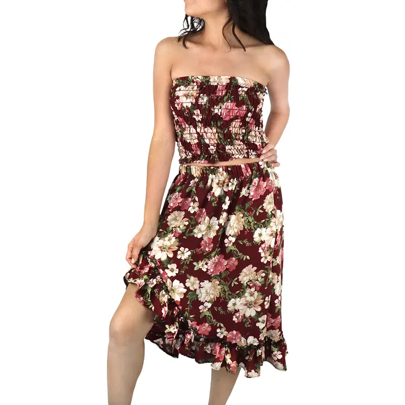 Conjunto De Top Corto Fruncido Y Falda Para Dama, Color Vino Con Beige 1
