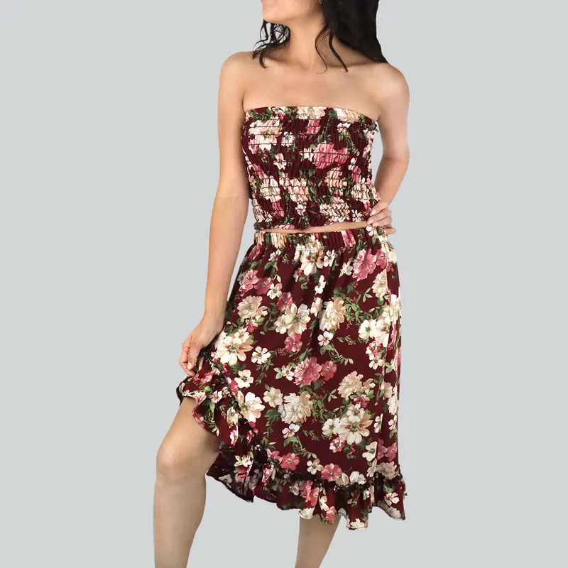 Conjunto De Top Corto Fruncido Y Falda Para Dama, Color Vino Con Beige 2