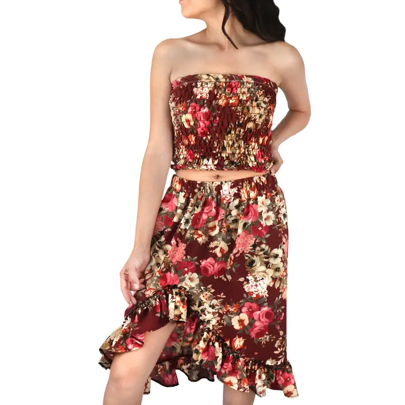 Conjunto De Top Corto Fruncido Y Falda Para Dama, Color Vino Con Café 1
