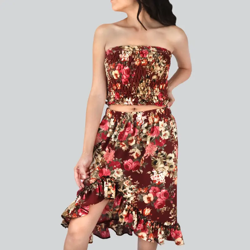 Conjunto De Top Corto Fruncido Y Falda Para Dama, Color Vino Con Café 2