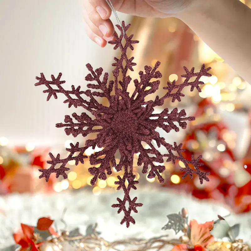 Copo De Nieve, Ornamento Navideño Con Glitter, Color Vino 1
