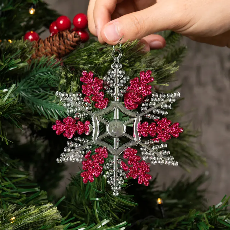 Copo De Nieve, Ornamento Navideño Plástico Y Glitter, Color Rojo 1