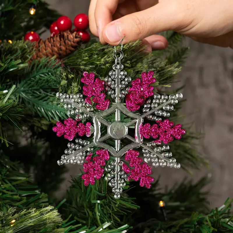 Copo De Nieve, Ornamento Navideño Plástico Y Glitter, Color Rosa 1