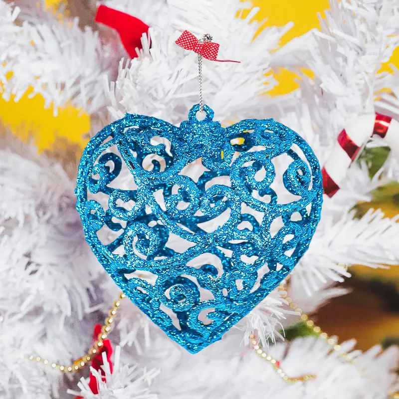 Corazón, Ornamento Navideño Con Glitter, Color Azul 1