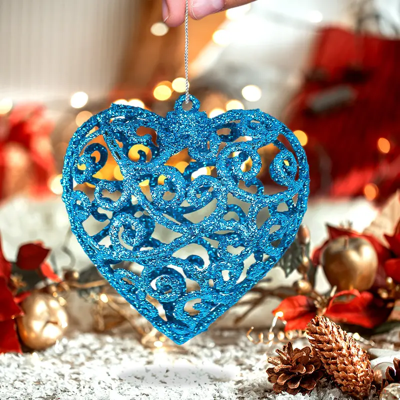 Corazón, Ornamento Navideño Con Glitter, Color Azul 2
